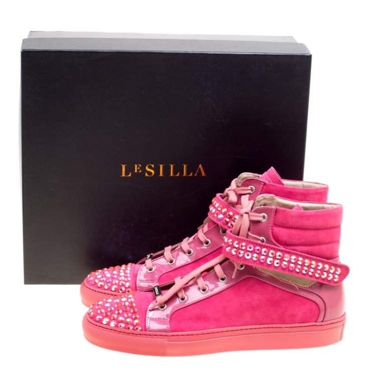 Pre Owned Le Silla Pink Suede And Patent Leather Crystal Embellished Cap Toe High Top Sneakers Size 40