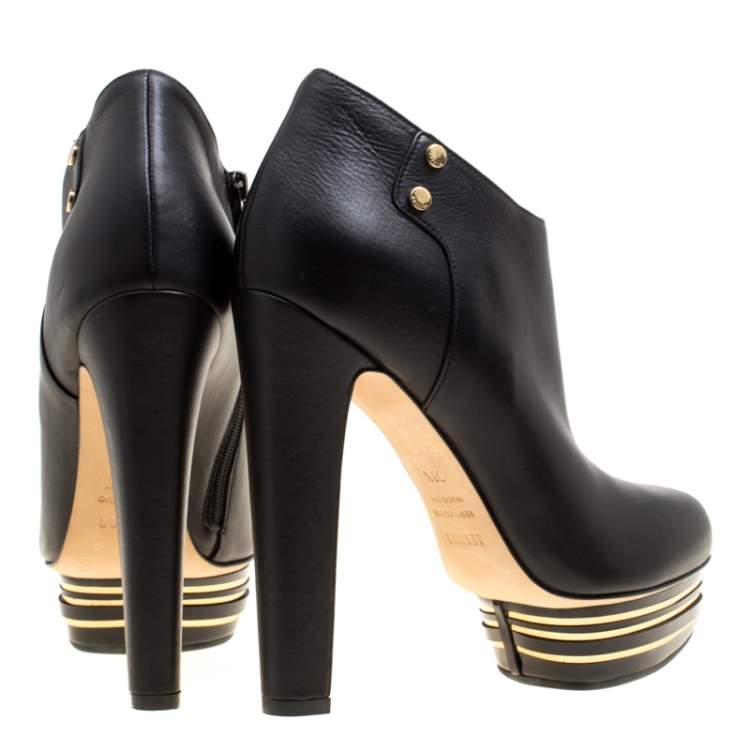 Pre Owned Enio Silla For Le Silla Black Leather Platform Booties Size 38.5