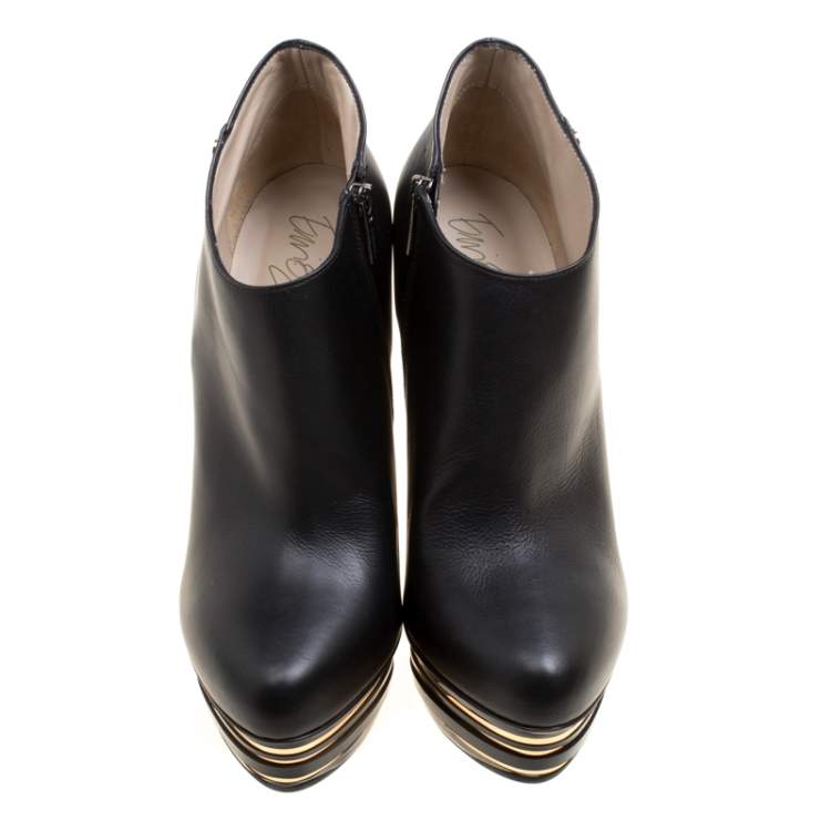 Pre Owned Enio Silla For Le Silla Black Leather Platform Booties Size 38.5