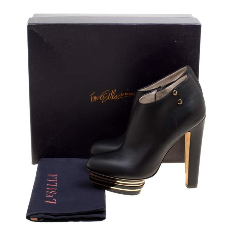 Pre Owned Enio Silla For Le Silla Black Leather Platform Booties Size 38.5