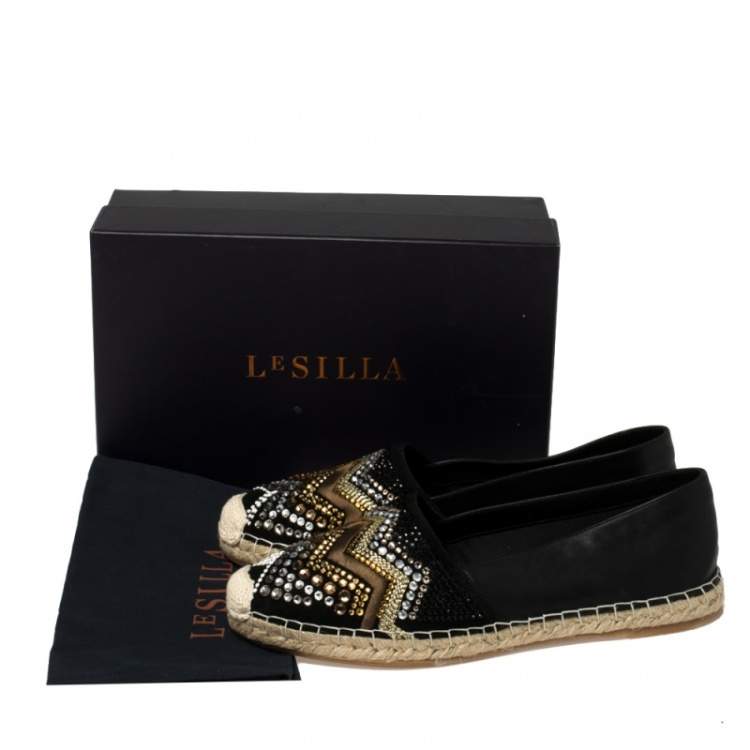 Pre Owned Le Silla Black Leather And Suede Embellished Espadrille Flats size 41