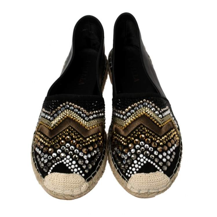 Pre Owned Le Silla Black Leather And Suede Embellished Espadrille Flats size 41