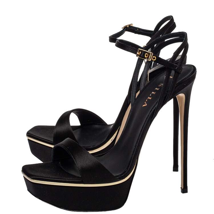 مملوكة مسبقًا Le Silla Black Satin Platform Ankle Strap Sandals Size 40