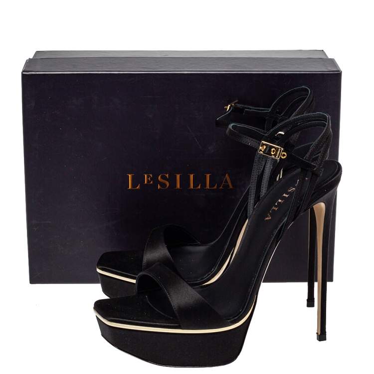 مملوكة مسبقًا Le Silla Black Satin Platform Ankle Strap Sandals Size 40