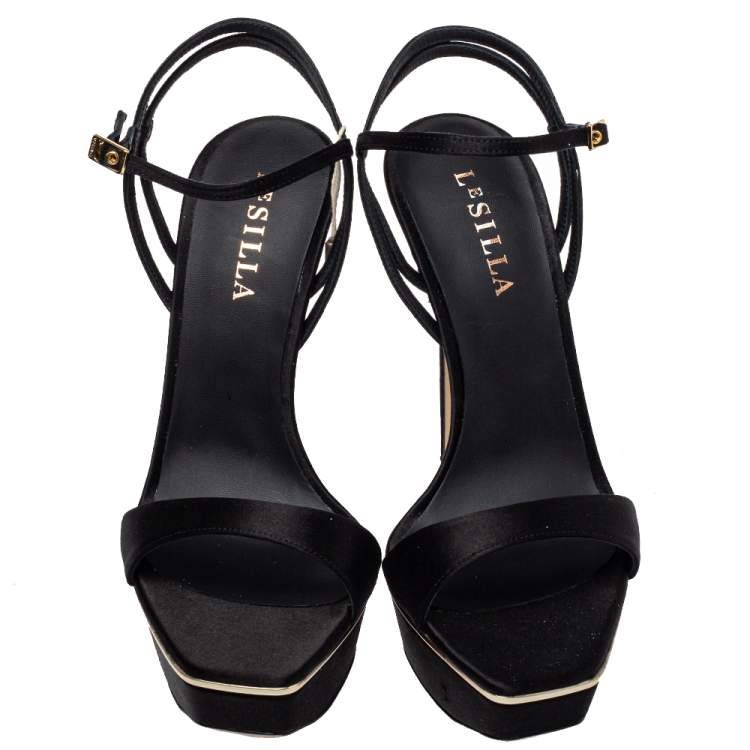 مملوكة مسبقًا Le Silla Black Satin Platform Ankle Strap Sandals Size 40
