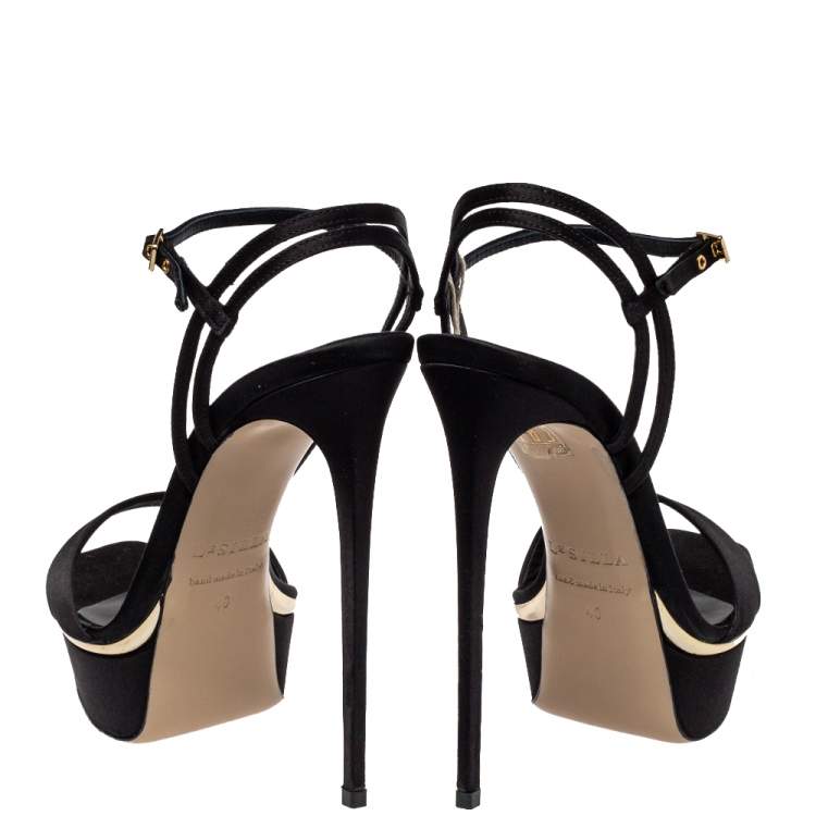 مملوكة مسبقًا Le Silla Black Satin Platform Ankle Strap Sandals Size 40