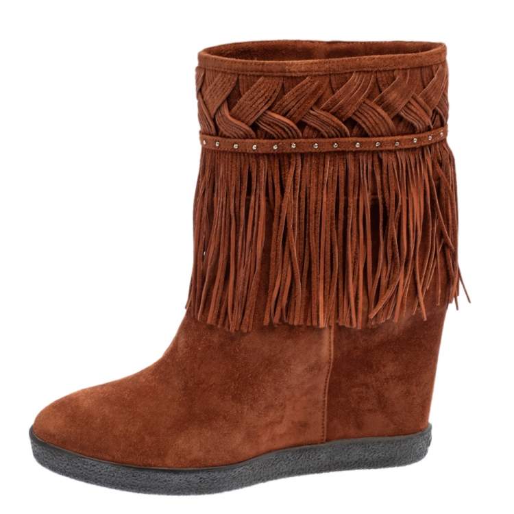 Pre Owned Le Silla Brown Suede Fringe Ankle Boots Size 37.5