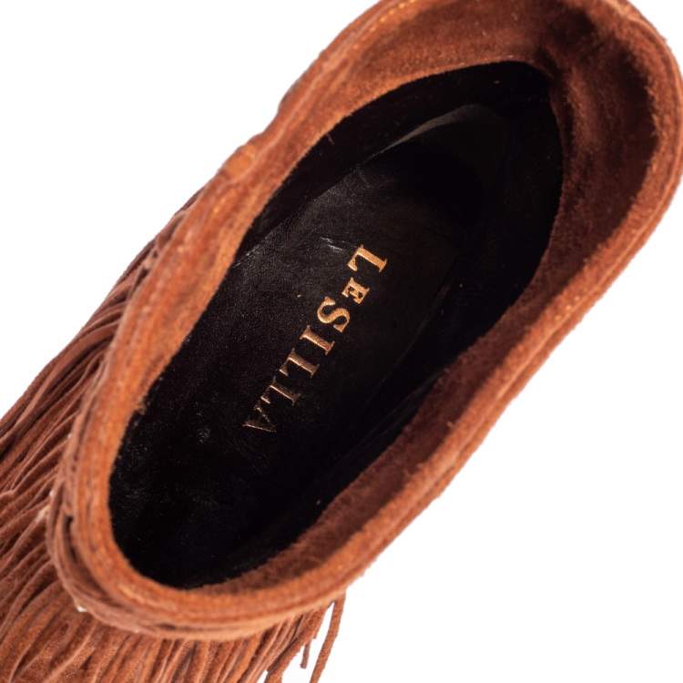 Pre Owned Le Silla Brown Suede Fringe Ankle Boots Size 37.5