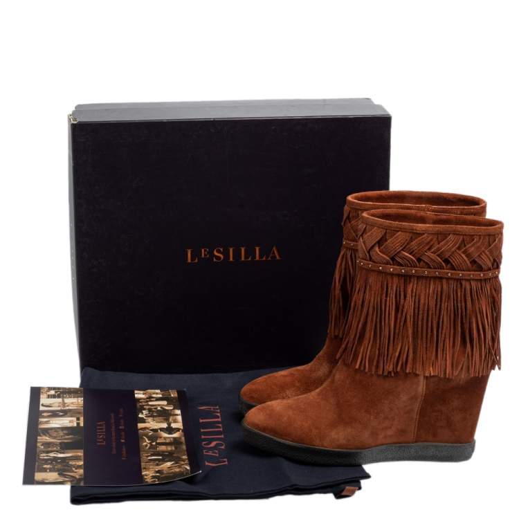 Pre Owned Le Silla Brown Suede Fringe Ankle Boots Size 37.5