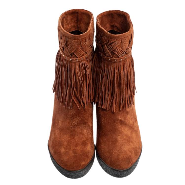 Pre Owned Le Silla Brown Suede Fringe Ankle Boots Size 37.5
