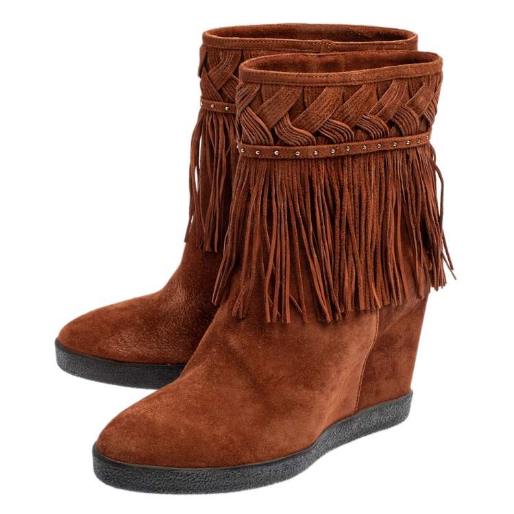 Pre Owned Le Silla Brown Suede Fringe Ankle Boots Size 37.5