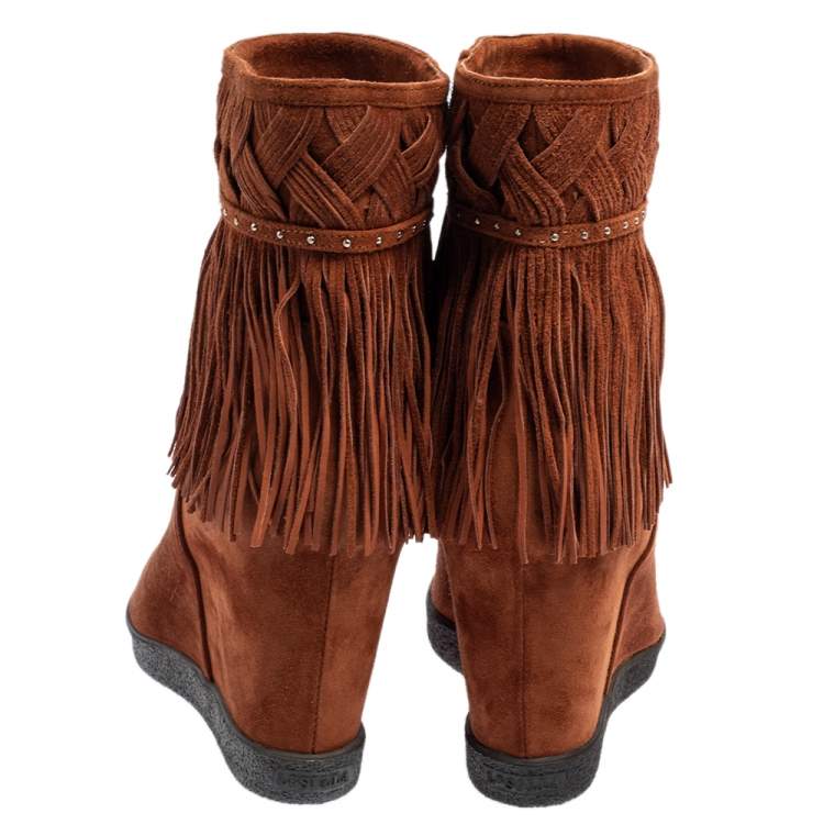 Pre Owned Le Silla Brown Suede Fringe Ankle Boots Size 37.5