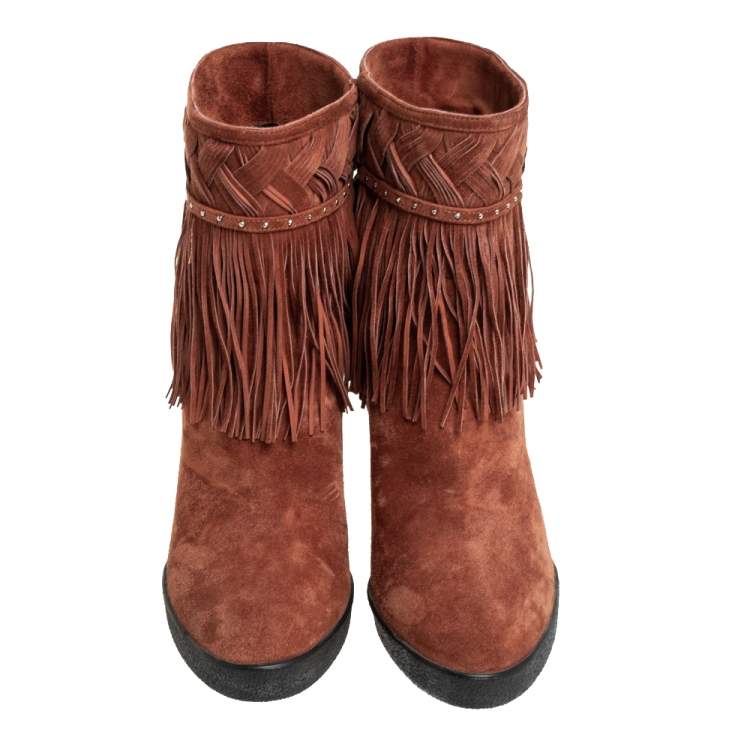 Pre Owned Le Silla Brown Suede Fringe Ankle Boots Size 37