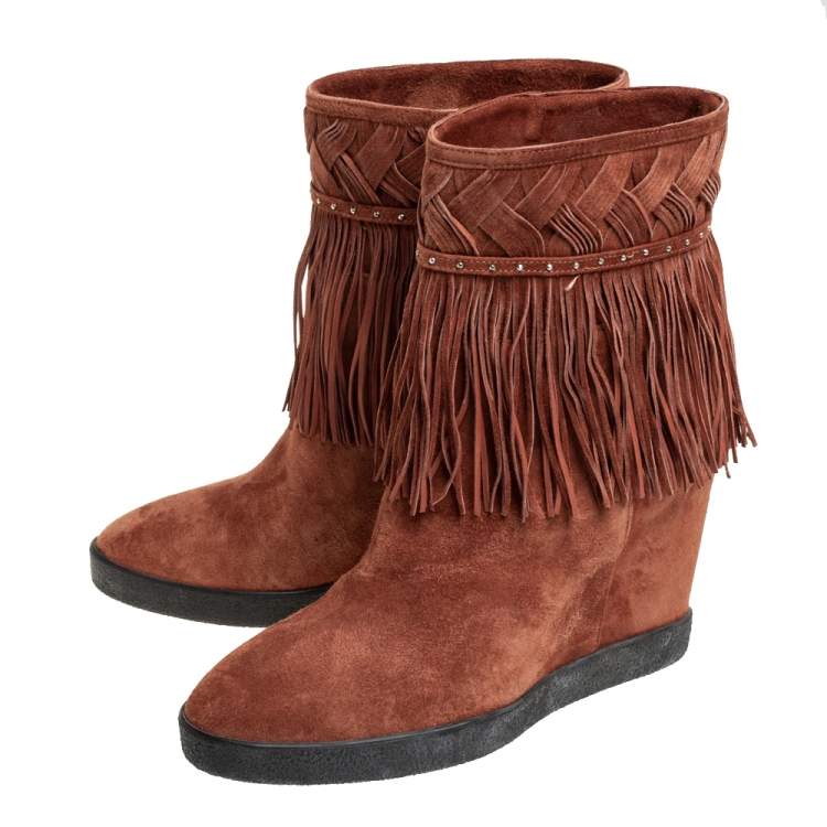 Pre Owned Le Silla Brown Suede Fringe Ankle Boots Size 37