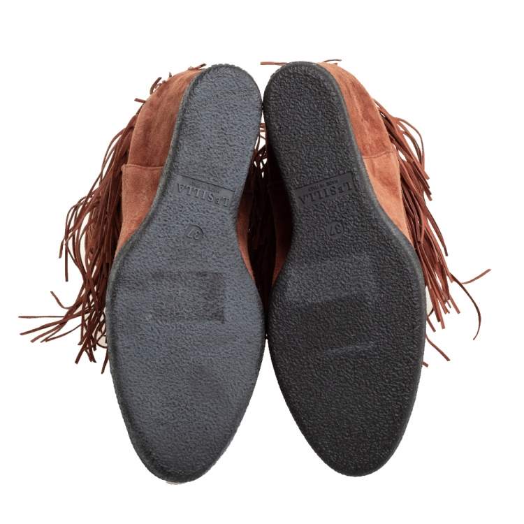 Pre Owned Le Silla Brown Suede Fringe Ankle Boots Size 37