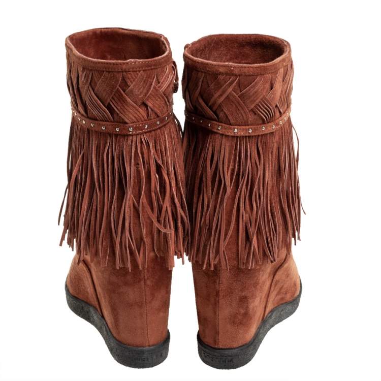 Pre Owned Le Silla Brown Suede Fringe Ankle Boots Size 37