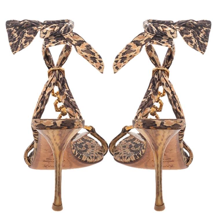 Pre Owned Le Silla Brown Leopard Print Fabric Embellished Sandals Size 37