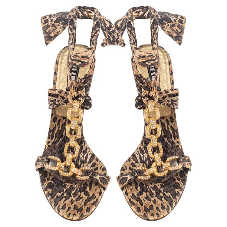 Pre Owned Le Silla Brown Leopard Print Fabric Embellished Sandals Size 37