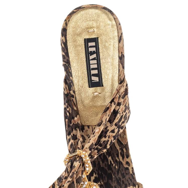 Pre Owned Le Silla Brown Leopard Print Fabric Embellished Sandals Size 37