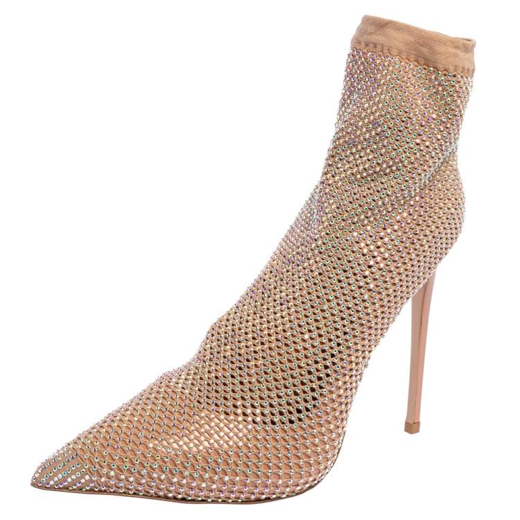Pre Owned Le Silla Beige Crystal Embellished Mesh Ankle Boots Size 38.5