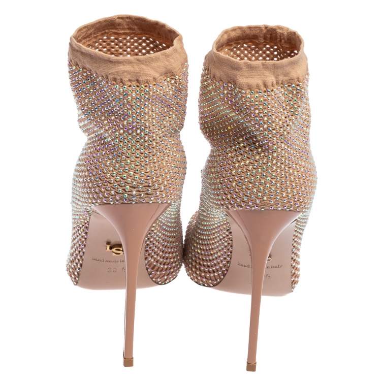 Pre Owned Le Silla Beige Crystal Embellished Mesh Ankle Boots Size 38.5