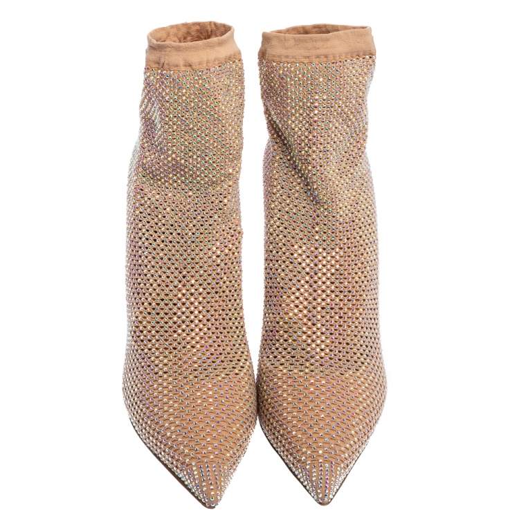 Pre Owned Le Silla Beige Crystal Embellished Mesh Ankle Boots Size 38.5