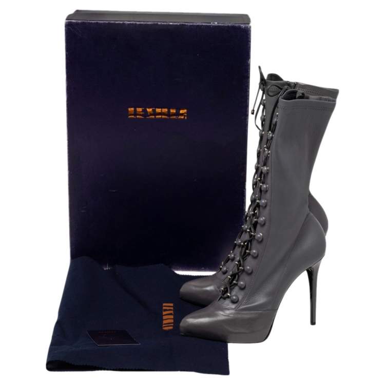 مملوكة مسبقًا Le Silla Grey Leather Lace Up Mid Calf Boots Size 38.5