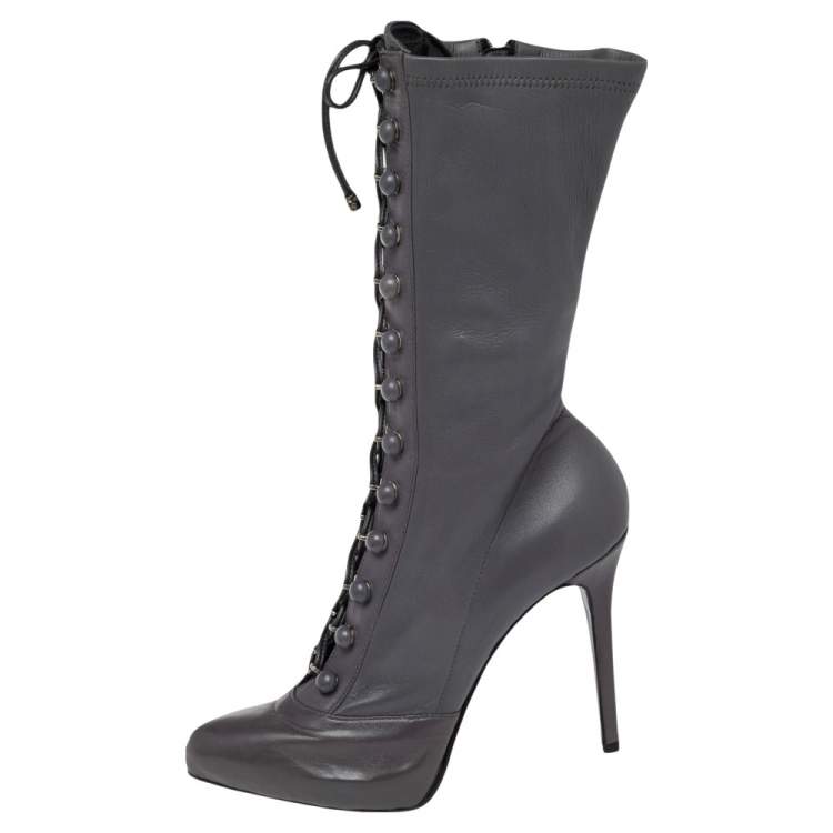مملوكة مسبقًا Le Silla Grey Leather Lace Up Mid Calf Boots Size 38.5