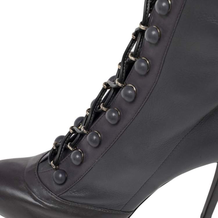 مملوكة مسبقًا Le Silla Grey Leather Lace Up Mid Calf Boots Size 38.5