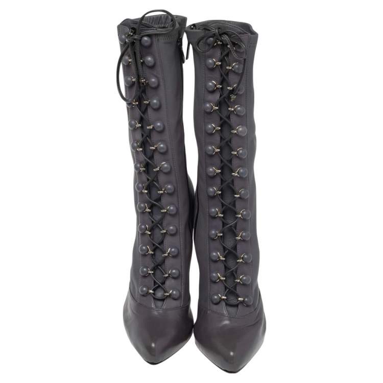 مملوكة مسبقًا Le Silla Grey Leather Lace Up Mid Calf Boots Size 38.5