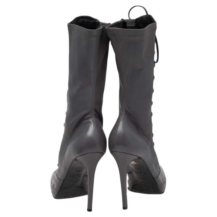 مملوكة مسبقًا Le Silla Grey Leather Lace Up Mid Calf Boots Size 38.5