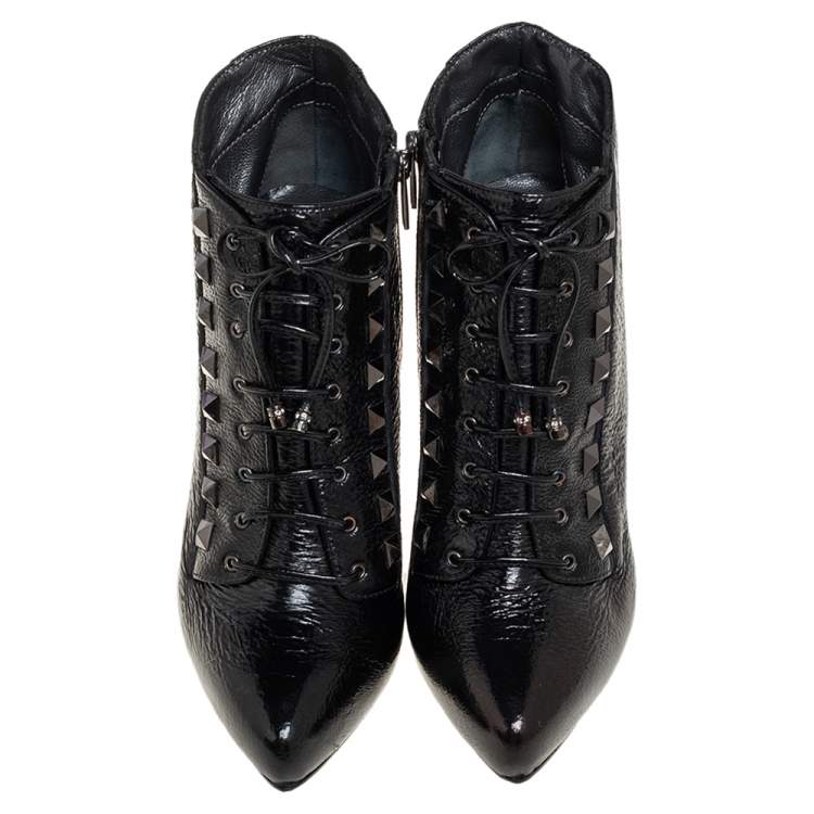 Pre Owned Le Silla Black Patent Leather Lace Up Studded  Ankle Booties Size 38