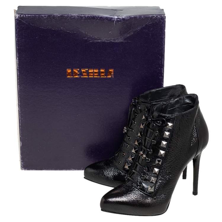 Pre Owned Le Silla Black Patent Leather Lace Up Studded  Ankle Booties Size 38