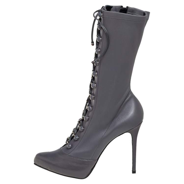 Pre Owned Le Silla  Grey Leather Lace Up Mid Calf Boots Size 40