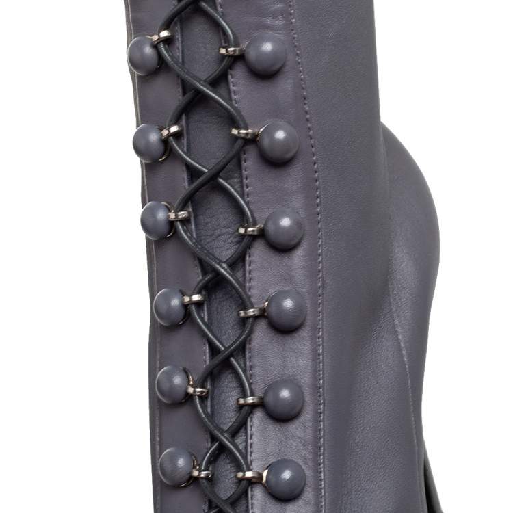 Pre Owned Le Silla  Grey Leather Lace Up Mid Calf Boots Size 40