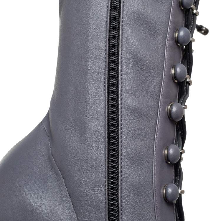 Pre Owned Le Silla  Grey Leather Lace Up Mid Calf Boots Size 40