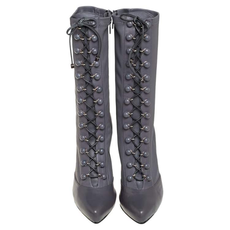 Pre Owned Le Silla  Grey Leather Lace Up Mid Calf Boots Size 40