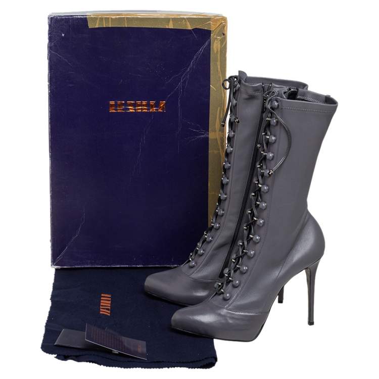 Pre Owned Le Silla  Grey Leather Lace Up Mid Calf Boots Size 40
