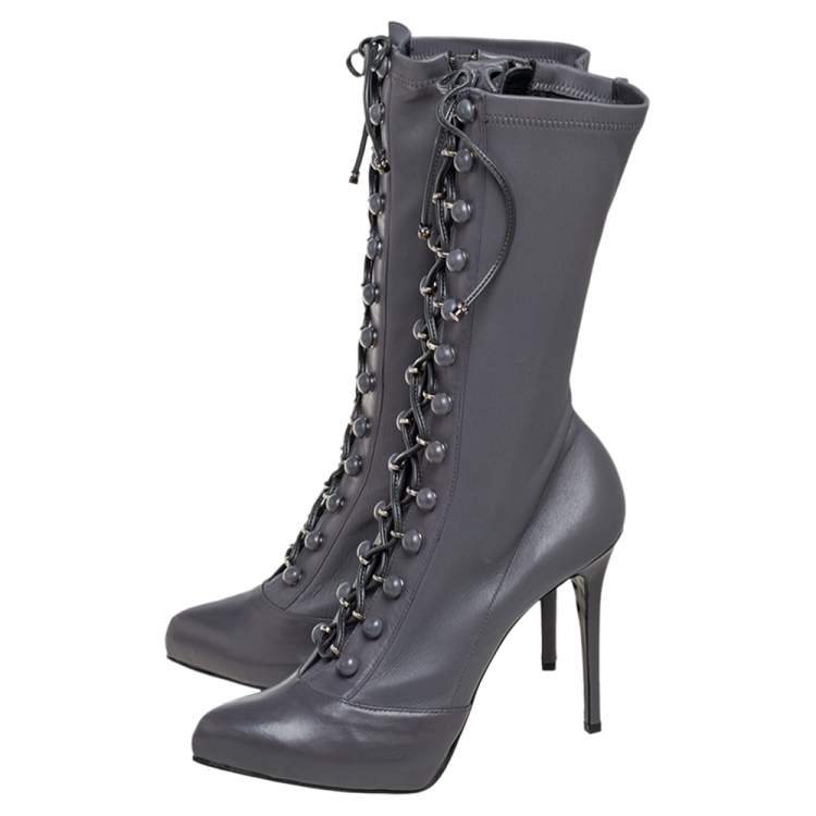 Pre Owned Le Silla  Grey Leather Lace Up Mid Calf Boots Size 40
