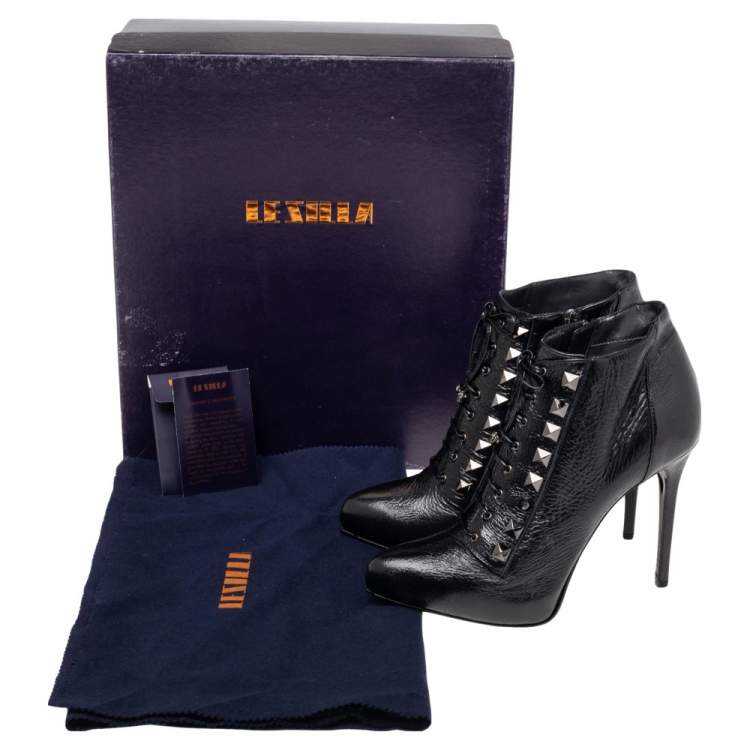 Pre Owned Le Silla Black Patent Leather Lace Up Studded  Ankle Booties Size 38.5