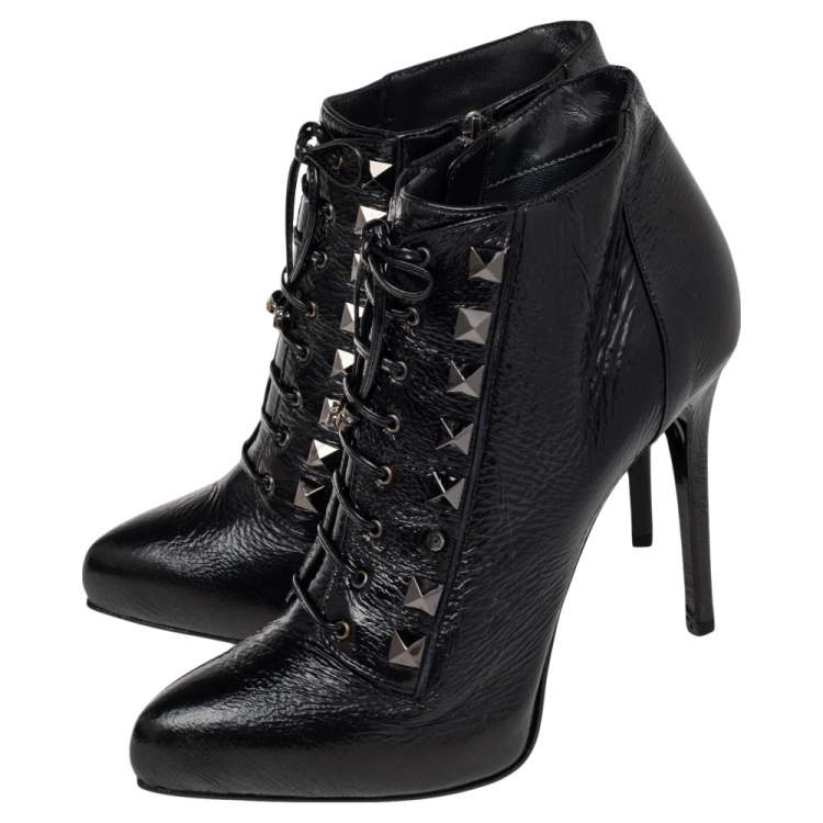 Pre Owned Le Silla Black Patent Leather Lace Up Studded  Ankle Booties Size 38.5