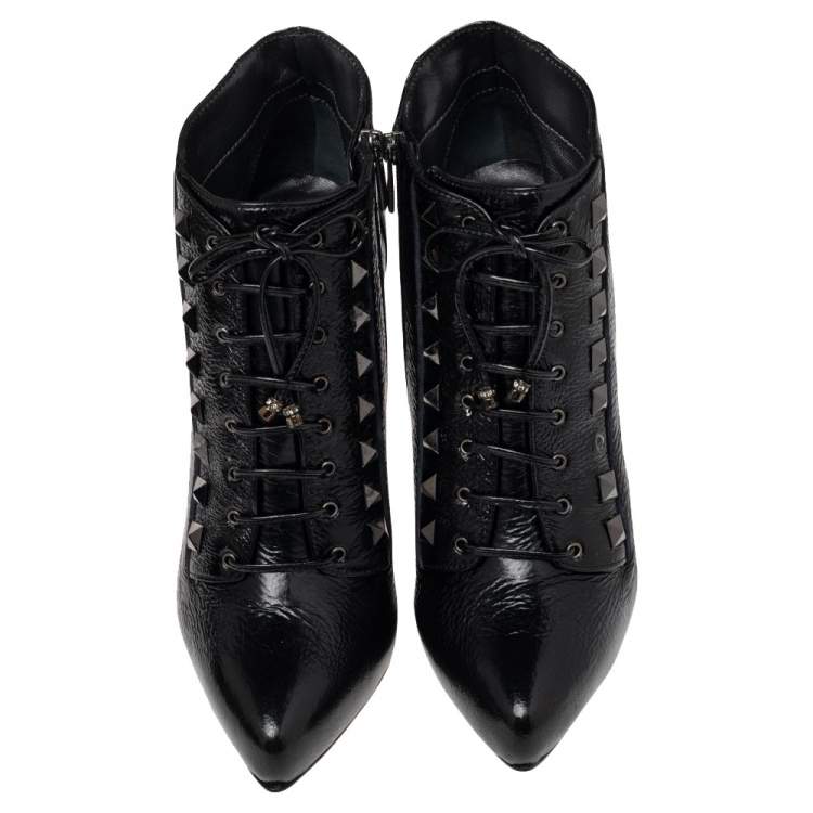 Pre Owned Le Silla Black Patent Leather Lace Up Studded  Ankle Booties Size 38.5