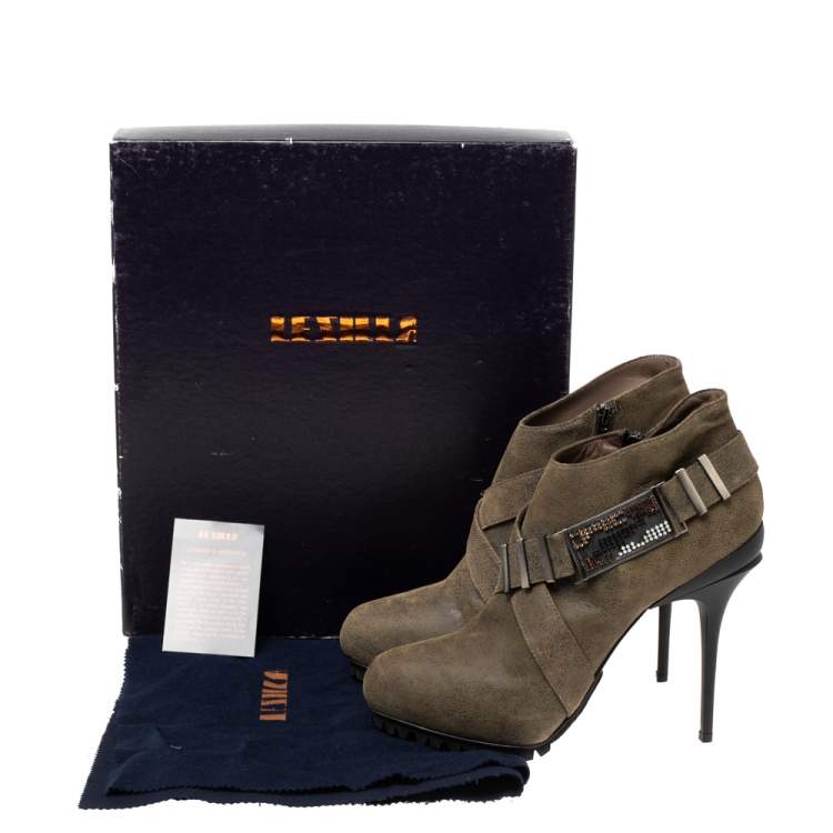 Pre Owned Le Silla Olive Green Suede Stivaletto Ankle Boots Size 38