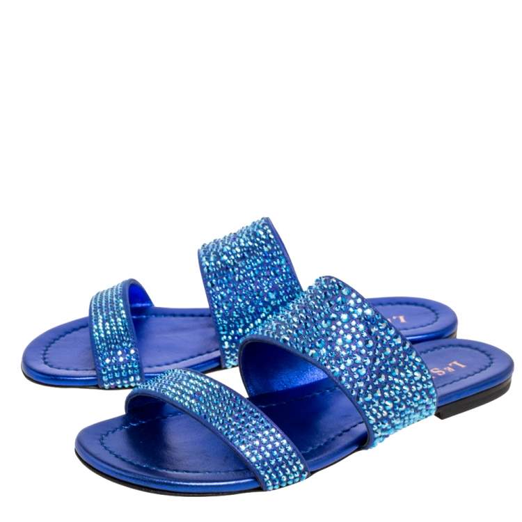 Pre Owned Le Silla Blue Leather And Crystal Embellished Suede Flat Slides Size 36