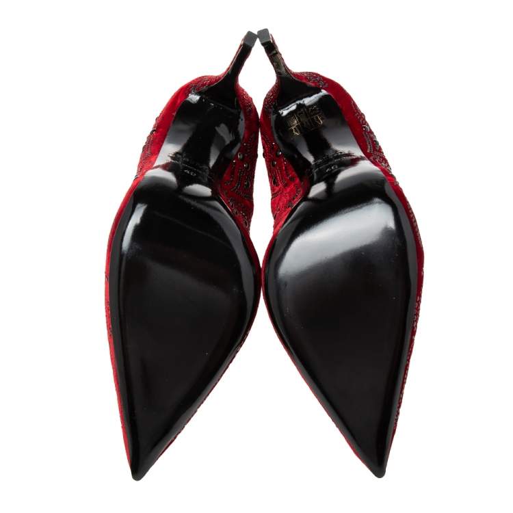Pre Owned Le Silla  Red Velvet Crystal Embellished Pointed Toe  Pumps Size 40