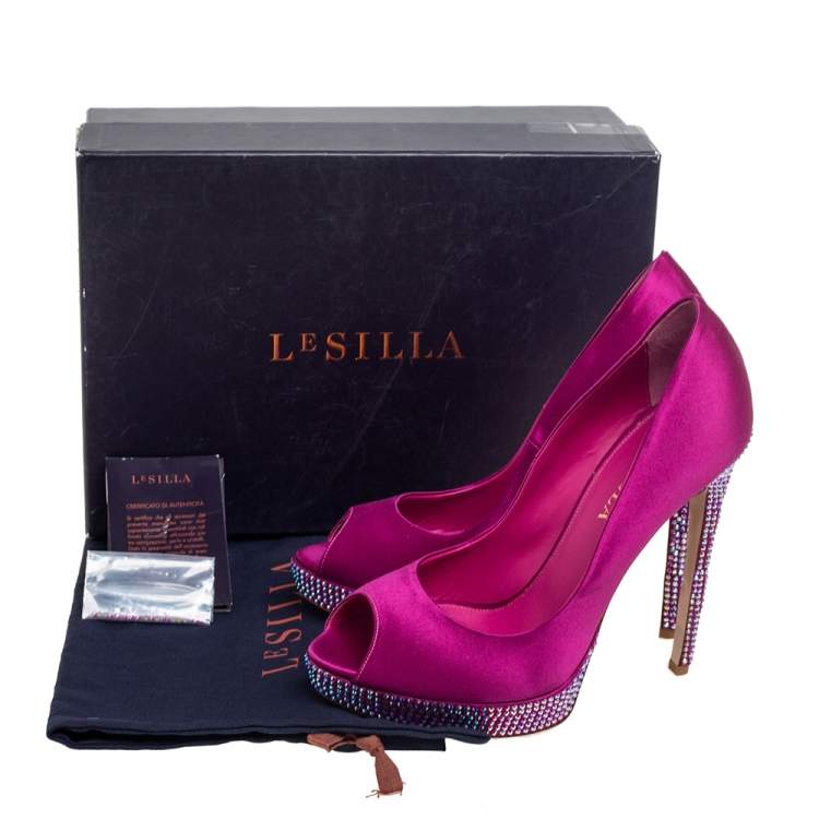 Pre Owned Le Silla Purple  Satin Crystal Embellished Platform Peep Toe Pumps Size 38 