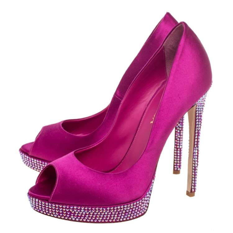 Pre Owned Le Silla Purple  Satin Crystal Embellished Platform Peep Toe Pumps Size 38 
