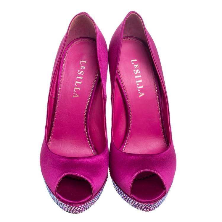 Pre Owned Le Silla Purple  Satin Crystal Embellished Platform Peep Toe Pumps Size 38 