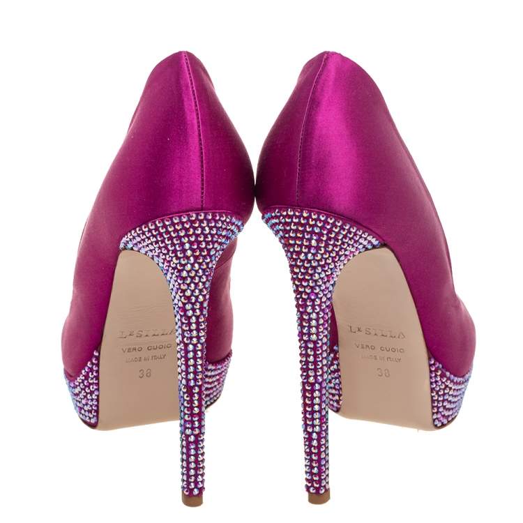 Pre Owned Le Silla Purple  Satin Crystal Embellished Platform Peep Toe Pumps Size 38 