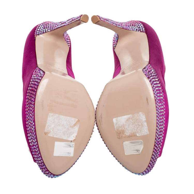 Pre Owned Le Silla Purple  Satin Crystal Embellished Platform Peep Toe Pumps Size 38 